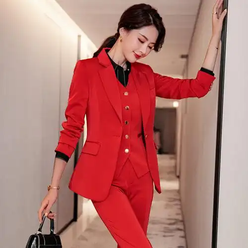 大红色西装套装女总裁气质职业装女神范ol商务正装经理工作服直销