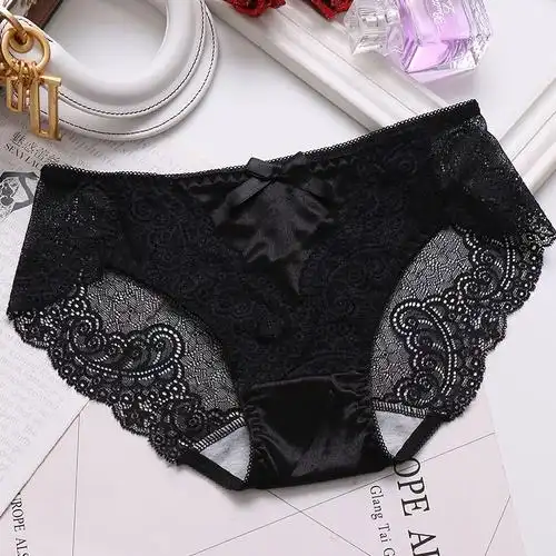 761黑色m女士冰丝内裤女无痕低腰蕾丝三角裤头镂空性感诱惑情趣透明
