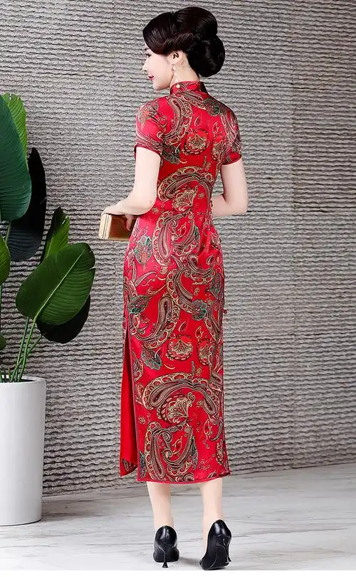 真丝旗袍长款夏复古改良高档桑蚕丝旗袍连衣裙修身中国风礼服女 红色