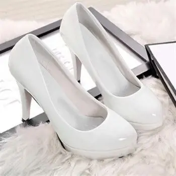 高跟鞋防水台性感细跟浅口单鞋女韩版圆头漆皮工作鞋子白色跟高10厘米