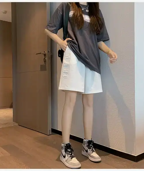 白色运动短裤女夏季宽松直筒休闲阔腿五分裤卫裤薄款中裤