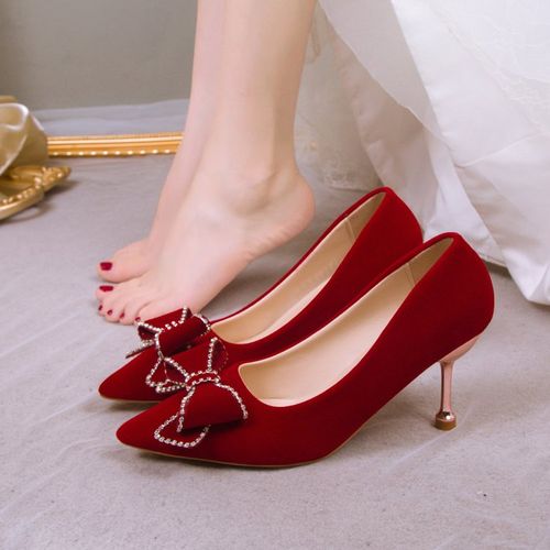 大码41-43中式婚鞋女42酒红色高跟鞋细跟33-34秀禾婚纱新娘鞋伴娘