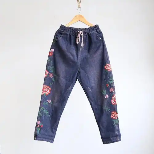 复古民族风大码宽松松紧腰裤子绣花刺绣牛仔裤春长裤女裤子