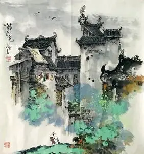 纯手绘四尺斗方客厅书房写意古宅徽派建筑马头墙名人字画国画书画