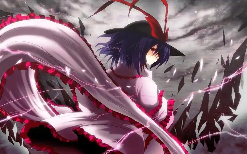 短蓝色的头发动漫女孩,帽子,裙子,风 iphone 壁纸