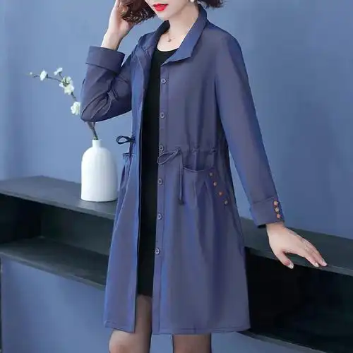 妈妈风衣女中长款秋装外套新款洋气40岁50中年中老年女装春秋上衣蓝色