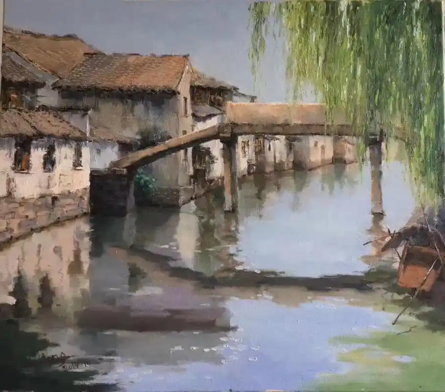 油画江南水乡古镇.#德清武康美术培训##画画 #愿所有的美好 - 抖音