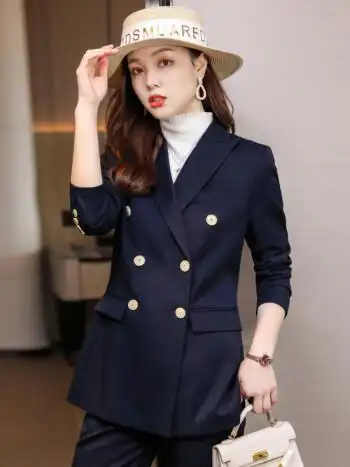 昂柏藏蓝西装女套装双排扣气质时尚韩版春秋2022新款商务休闲英伦风小