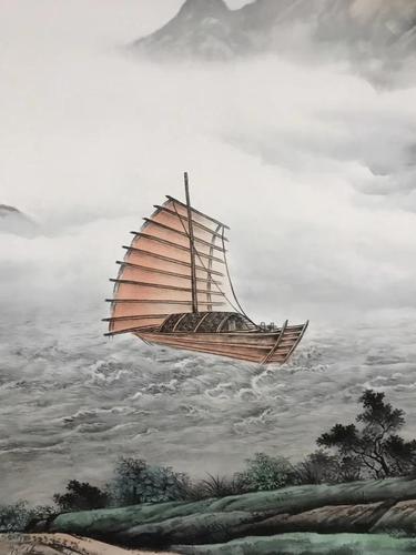 一帆风顺聚宝盆工笔山水画风水招财靠山国画字画客厅国画