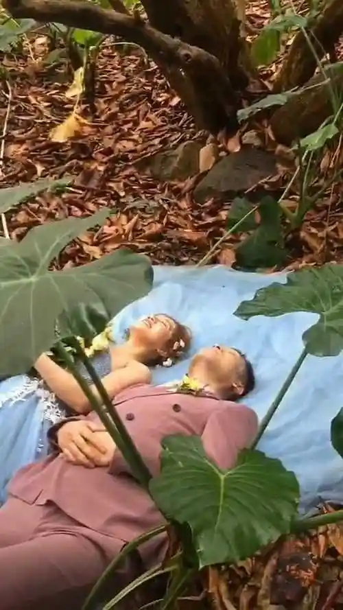 一对小情侣正在树林里拍婚纱照呢!好浪漫的样子!