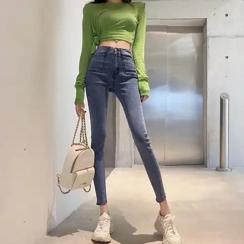 小脚裤女新款显瘦配靴子高腰牛仔裤ins潮修身弹力毛边九分铅笔裤