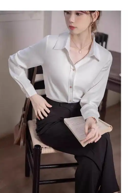 粉色衬衫女长袖职场穿搭职业高级感教资面试正装轻熟风春秋衬衣 - 17