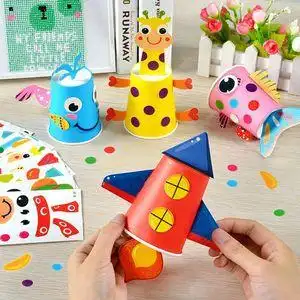 3-10岁儿童纸杯画diy手工立体贴画材料包儿童卡通动物彩纸粘贴画