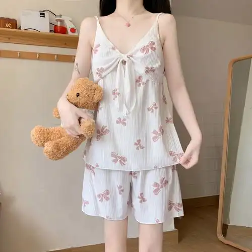 纯欲风蝴蝶结吊带睡衣少女夏ins短裤两件套可外穿甜美舒适家居服 - 17