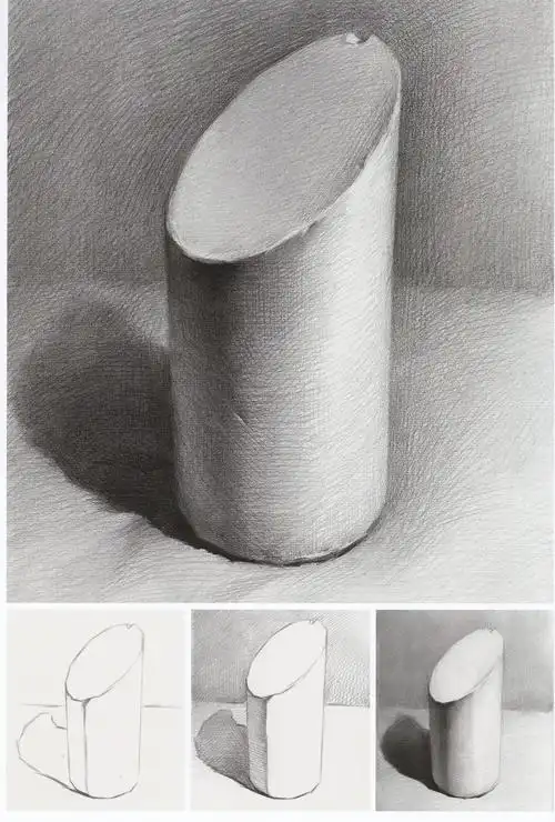圆柱斜切体素描画步骤图三 直立图_素描自学网