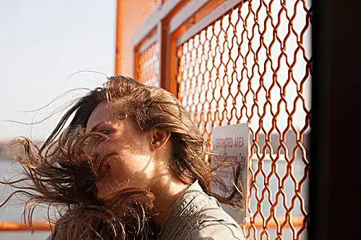 年轻,女人,渡轮,风,吹,毛发