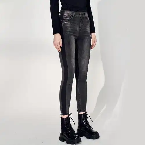 伊华欧秀2021年秋季新款弹力紧身做旧牛仔裤女烟灰色铅笔裤小脚裤