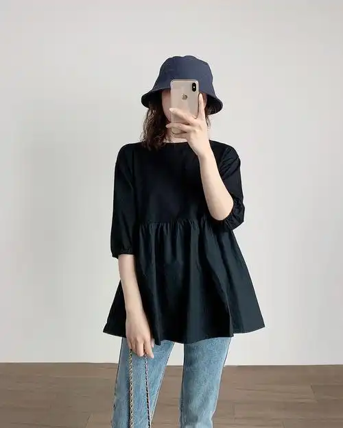 女士纯棉拼接裙式上衣 宽松百搭纯色五分灯笼袖t恤 夏款 女装
