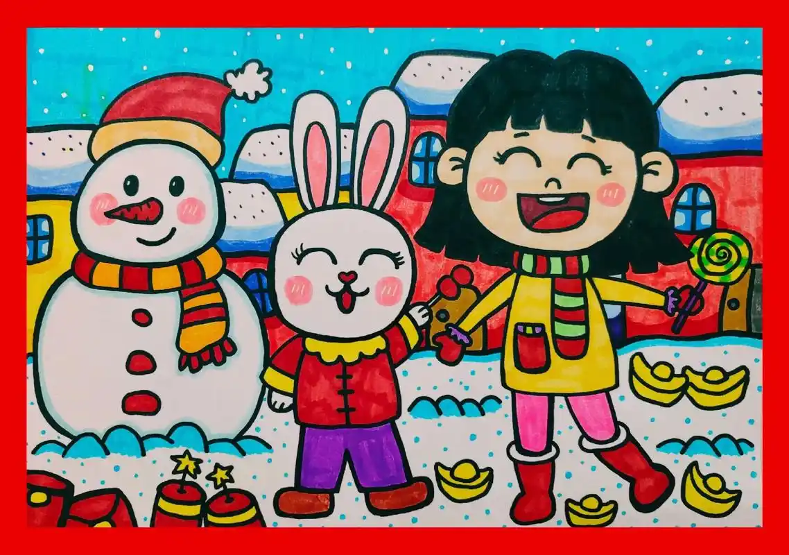 春节主题画儿童画,冬季主题画,新年儿童画