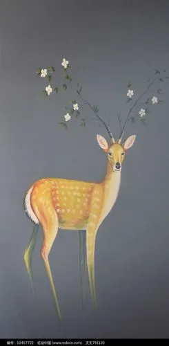 高清手绘梅花鹿油画玄关