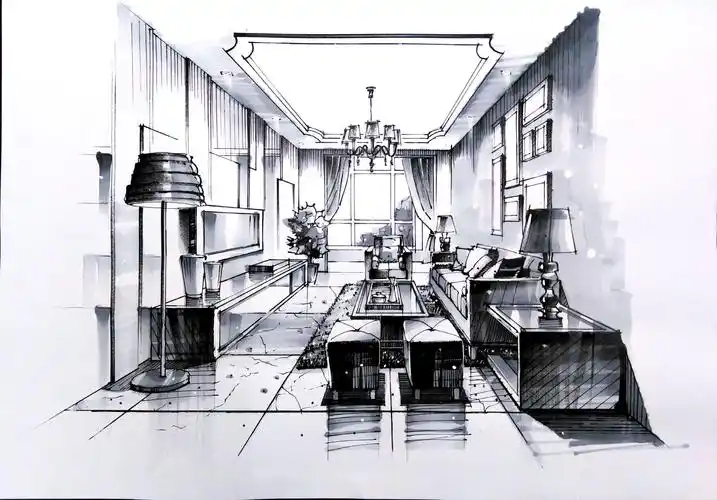 客厅空间一点透视黑白效果绘制步骤图._一叶手绘-站酷zcool