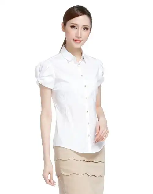 女款白色斯文翻领短袖衬衫