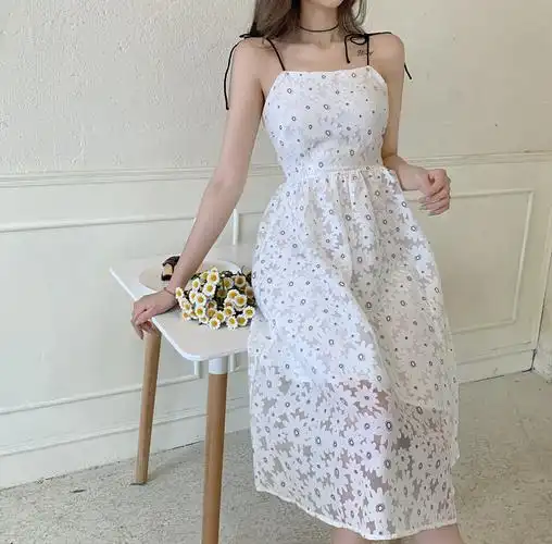 实拍实价 夏季新款吊带抹胸连衣裙韩版收腰绣花中长款洋气显瘦裙