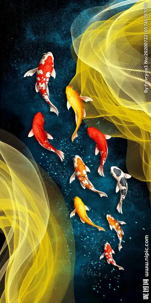 玄关新中式九鱼图背景墙图片