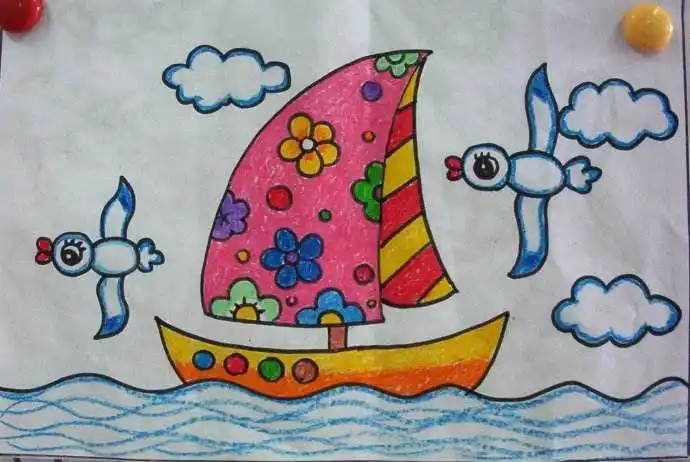 蕊蕾幼儿园中一班宝贝情境创意美术画《小帆船》