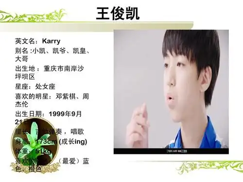 王俊凯 英文名:karry 别名 :小凯,凯爷,凯皇, 大哥 出生地 :重庆市