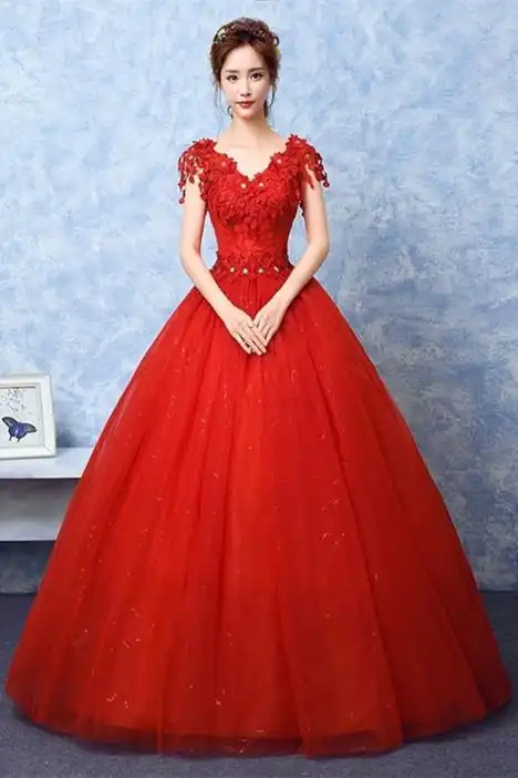 婚纱礼服2018新款韩式一字肩红色大码双肩蕾丝修身显瘦简约婚纱夏明星