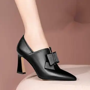 红蜻蜓reddragonfly新款真皮女鞋粗跟高跟深口鞋英伦风蝴蝶结一脚蹬