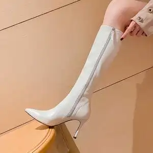 白色高跟长靴女2021年新秋法式尖头显瘦弹力靴长筒靴细跟高筒靴女