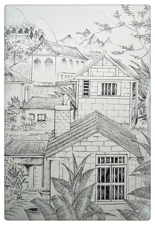 黑白线描风景插画