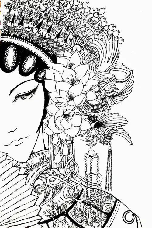 戏曲花旦中小学京剧人物插画涂色简笔画线稿素材京剧花旦黑白简笔画78