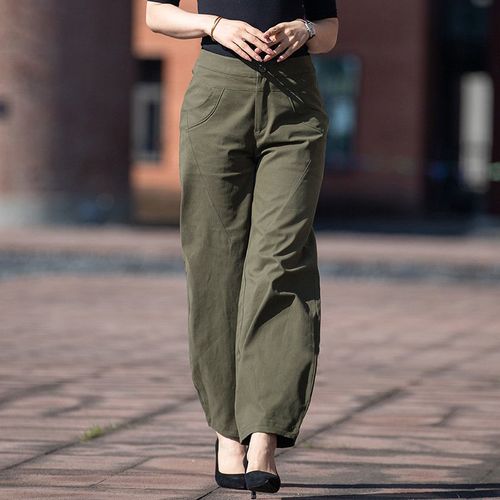 春季牛仔休闲阔腿灯笼裤女款长裤高腰萝卜裤女士裤子宽松显瘦军绿