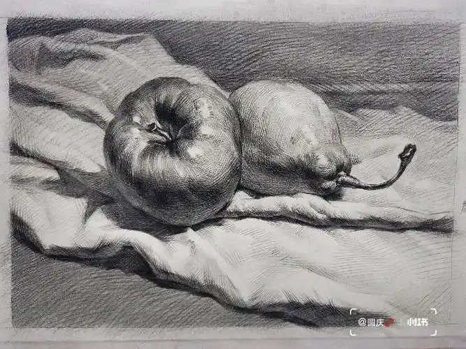 简单的一组素描静物组合,也是最常见的素描静物,苹果和梨带一块白色