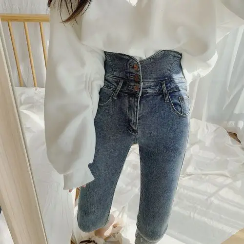 今年流行的加绒加厚高腰牛仔裤女2020年新款秋冬款紧身小脚裤潮x2