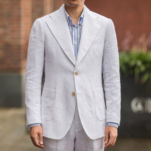 春夏款米色全亚麻那不勒斯男士西服休闲复古欧美意士商务西装外套