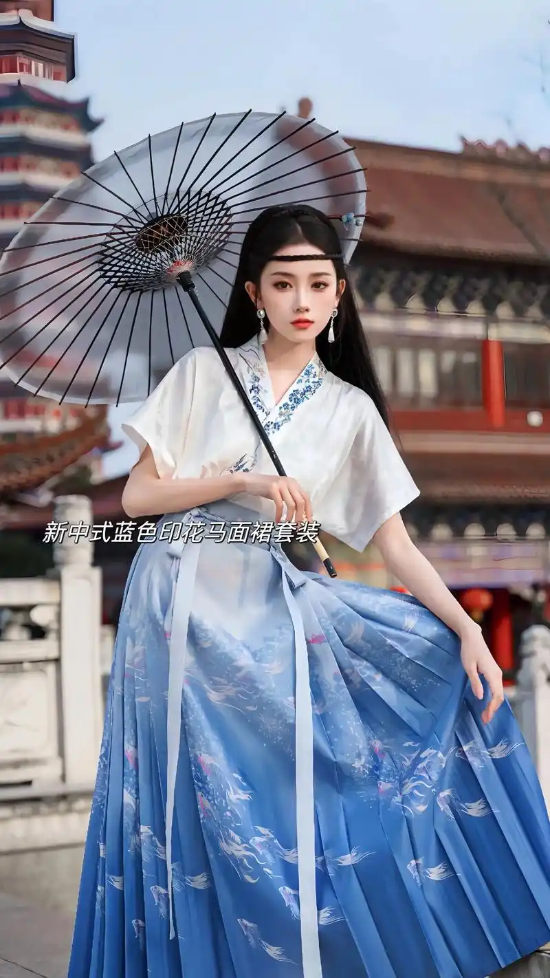 新中式上衣77蓝色印花马面裙套装飘逸汉服.