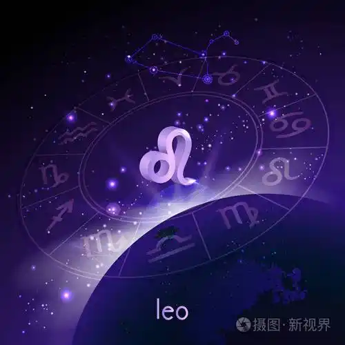 矢量插图的三维标志和星座狮子座与占星圈的透视空间背景与日出和地球