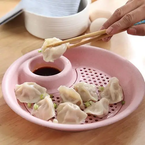 小麦秸秆圆形饺子盘家用双层沥水盘水饺盘吃饺子盘带醋碟 三个装颜色