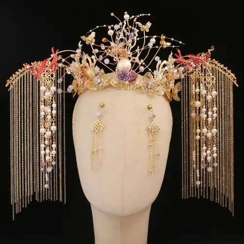 2020新款新娘中式古装头饰套装金色凤冠流苏发饰