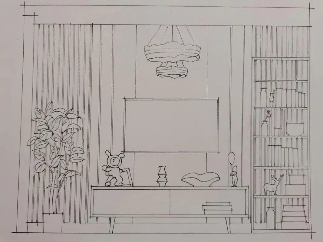 电视背景墙和沙发背景墙(手绘线稿)立面图