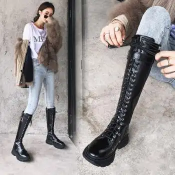 筒马丁靴女靴子2022秋冬加绒长靴高筒靴厚底绑带骑士靴瘦粗腿加大筒围