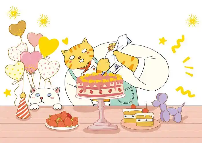 生日插画之猫咪制作生日蛋糕