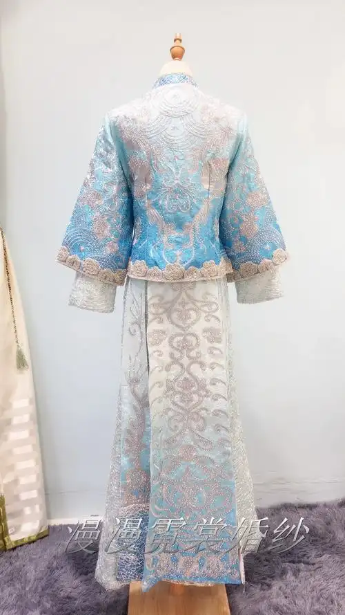 秀禾服新娘2018新款蓝色中式婚纱修身龙凤褂嫁衣秋冬结婚敬酒服女
