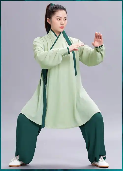 言一太极中国风汉服夏季太极服新款飘逸表演比赛练功服气功男女浅绿色