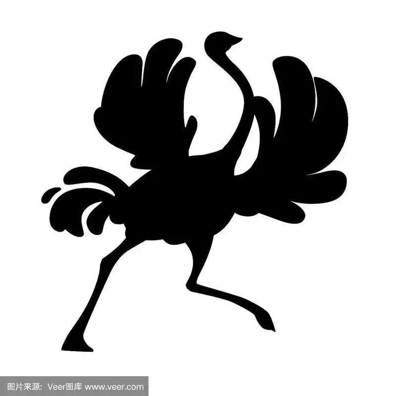 黑色剪影сute鸵鸟奔跑非洲不会飞的鸟卡通动物设计平面矢量插图孤立