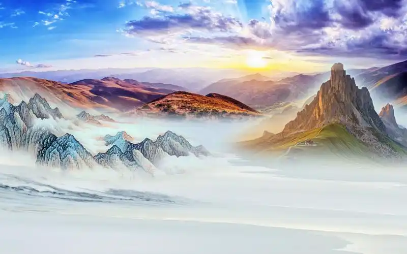 7-深色 蓝天山水风景大理石纹背景墙 壁画